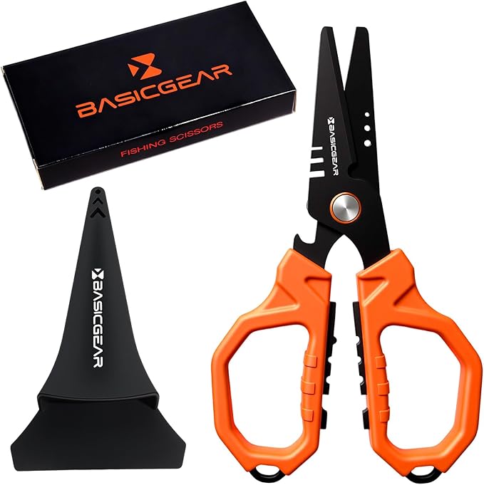 BasicGear Fishing Multi-Tool Scissors – Titanium-Coated, Stainless Steel, Multi-Tool Cutter with Hook Adjuster, Screwdriver, Bottle Opener, Sheath & Non-Slip Grip for Saltwater or Freshwater Use