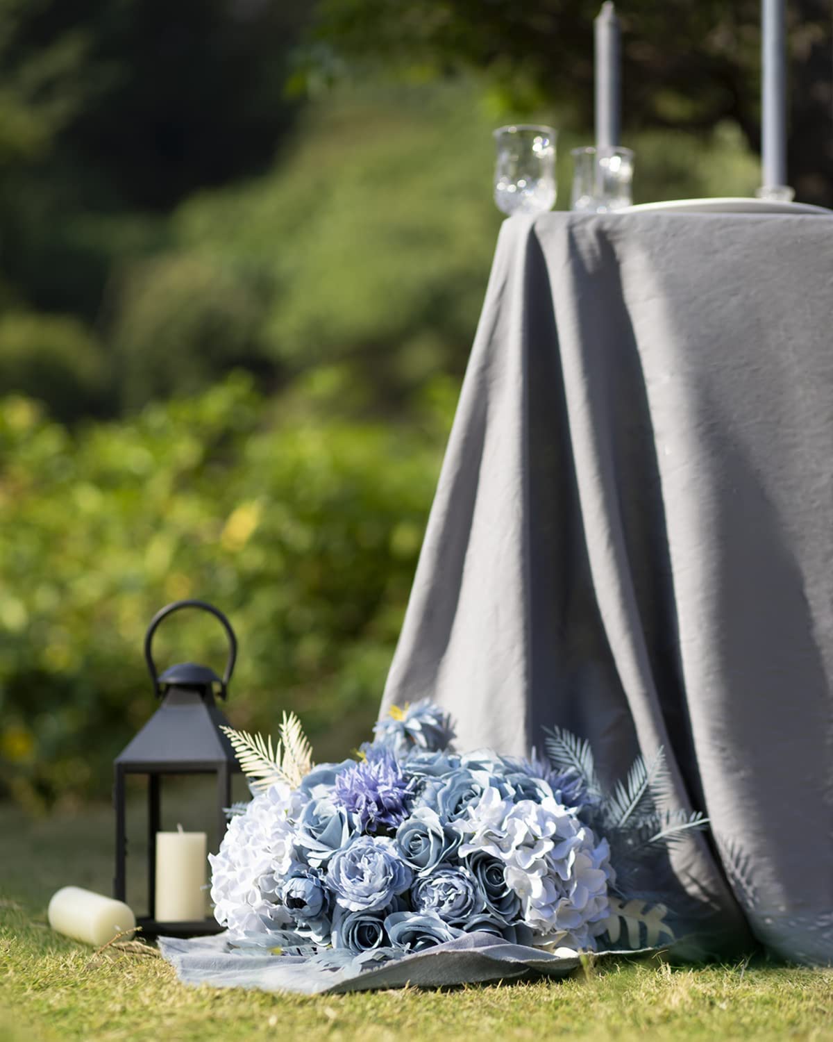 LFF 10Pcs Dusty Blue Roses Artificial Flowers, Faux Silk Roses with 21.2" Long Stems & 2.36" Large Blooms, Lifelike Fake Roses for DIY Wedding Bouquet Home Party Vase Filler Table Centerpiece Decor