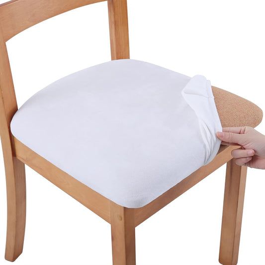 Smiry Velvet Seat Covers for Dining Room Chair Set of 6, Stretch Fit Removable Washable Chair Seat Cushion Protector Slipcovers with Ties, White