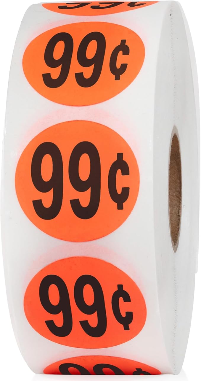 Perco Fluorescent Red 1-Inch Circle 99 Cents Promotional Sale Stickers—1,000 Labels/Roll—Ideal for Storefronts, Retail Merchandising, Flea Markets, Sales Events, Discount Marking, Clearance—USA Made