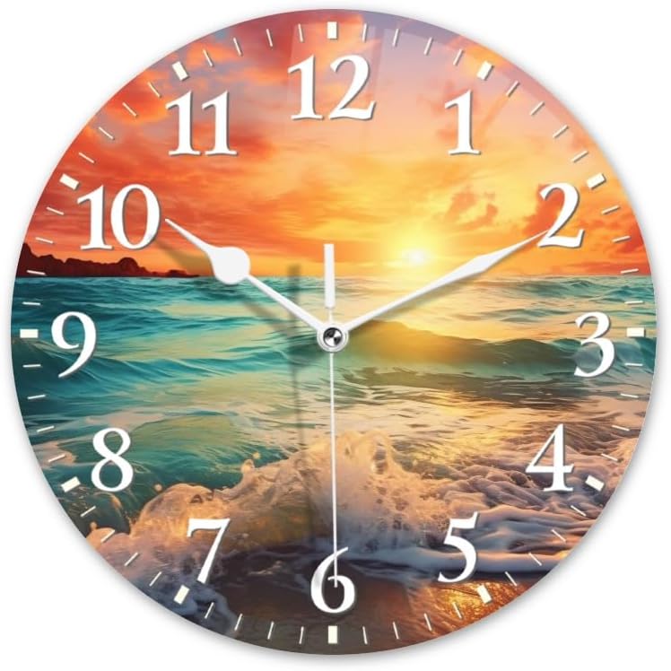 Beach Wall Clock Non-Ticking Silent Clocks Battery Operated Analog Decor Clock for Home-Beautiful Sunset Over The Ocean with Waves Crashing On The Shore(14inch)