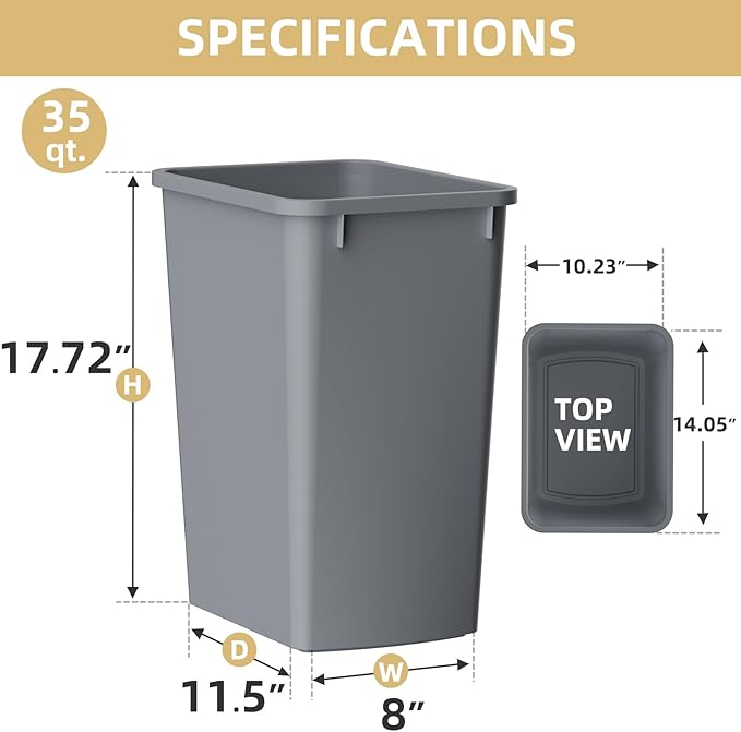 ROOMTEC 35QT Kitchen Trash Can, Sturdy and Lightweight Slim Trash Can, Trash Cans for Kitchen, Workspace, Bathroom, Office, Easy to Clean, 1 Pack, Black