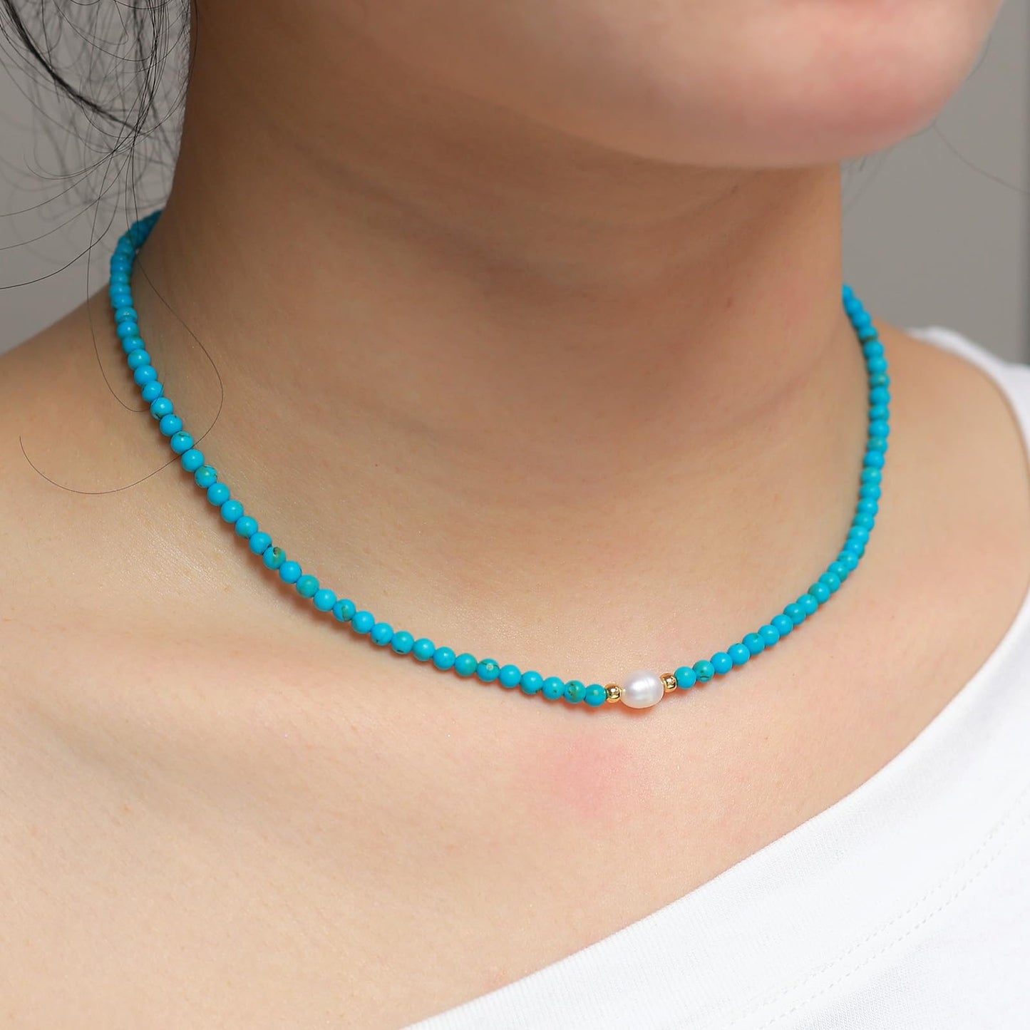 Turquoise Necklace for Women, 18K Gold Plated Dainty Small Turquoise Pearl Beaded Necklaces Handmade Beach Summer Boho Bead Necklaces for Women Blue Western Jewelry Non Tarnish 15.7 Inches