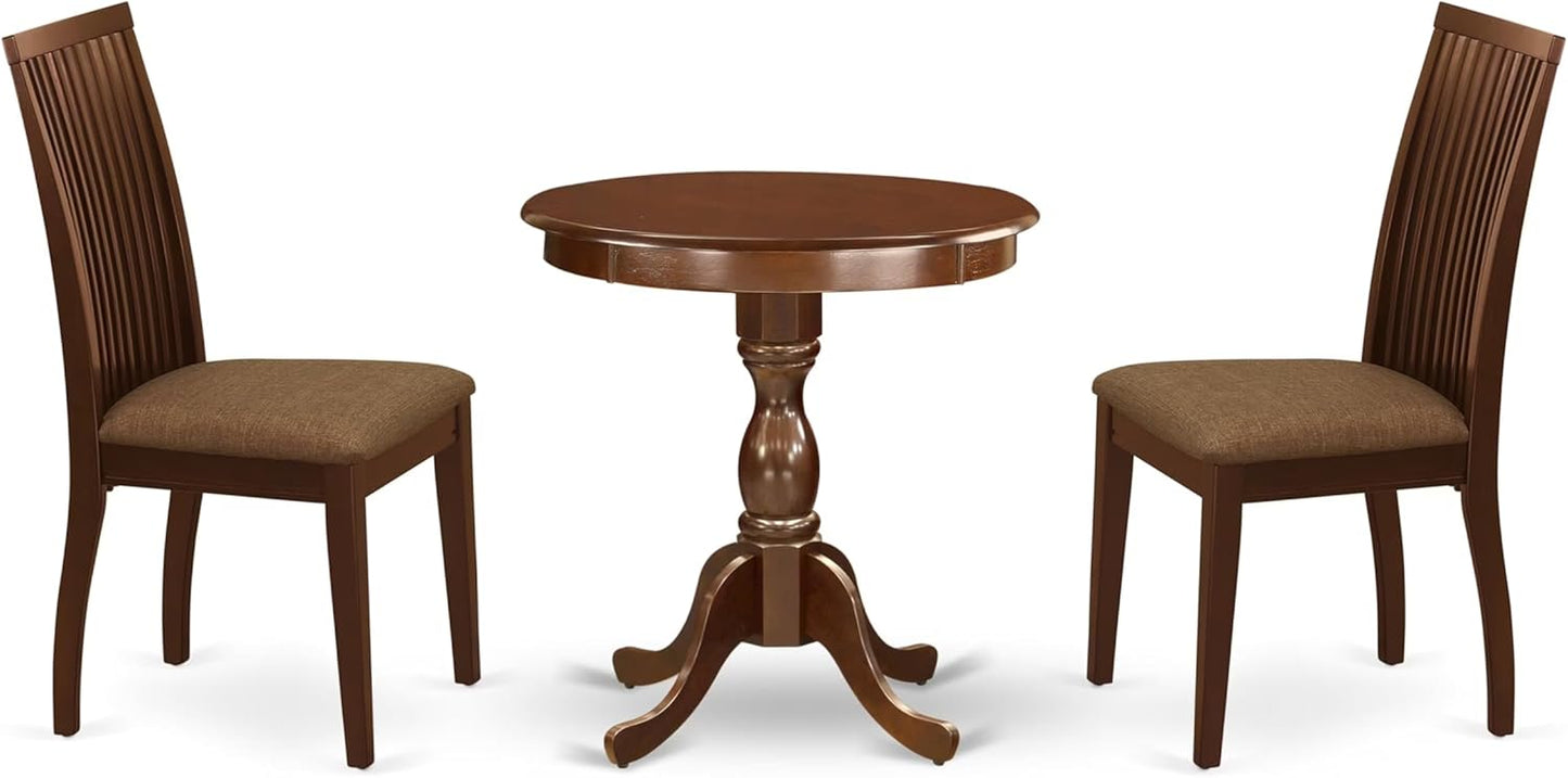 East West Furniture ESIP3-MAH-C 3 Piece Modern Dining Table Set Contains a Round Wooden Table with Pedestal and 2 Linen Fabric Upholstered Dining Chairs, 30x30 Inch, Mahogany