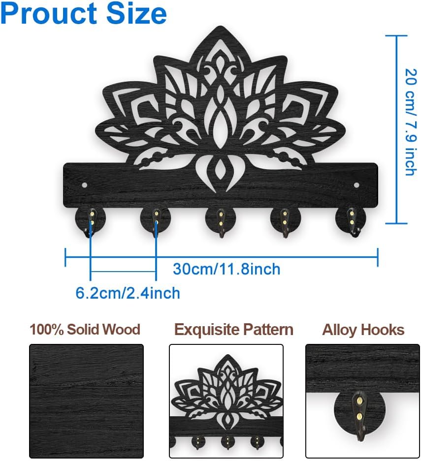 MAYJOYDIY Wood Lotus Flower Coat Hooks Hanger Mandala Lotus Key Holder for Wall 11.8×7.9inch Black Key Hooks Rack 5 Alloy Hooks Home Decor Gifts Entryway Kitchen Bathroom Storage Organizer