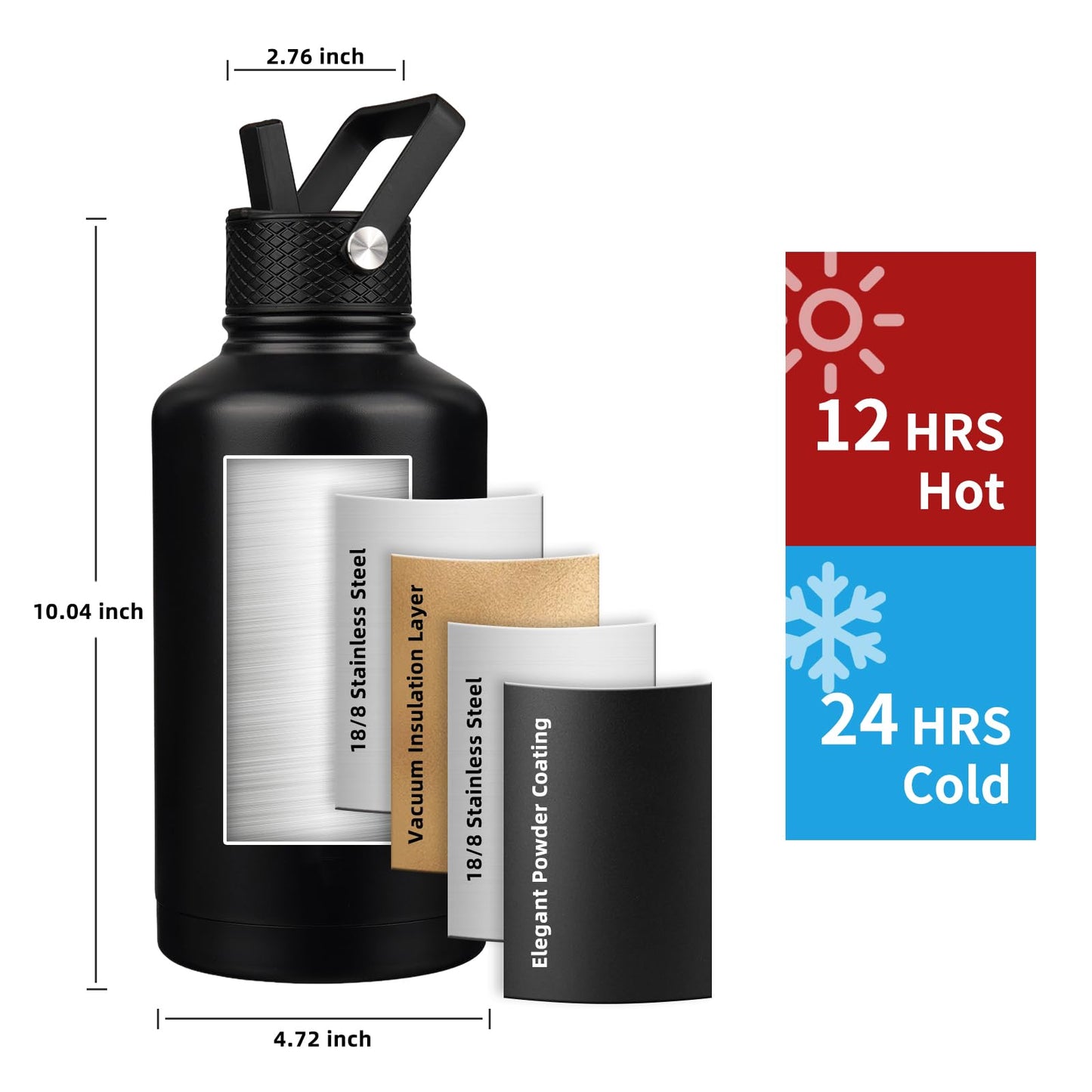 YONICOER Insulated Water Bottle 64oz,Triple Wall Vacuum Stainless Steel(Dishwasher Safe),Leak Proof & Non-BPA,Flask Jug with Paracord Handle & Straw Spout Lids Sports Black