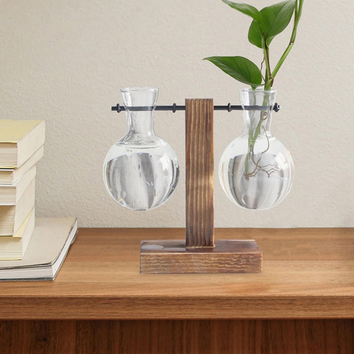 MOBUTOFU 3pcs Hydroponic Propagation Glass Containers with Wooden Stand, High Borosilicate Plant Terrarium Glass Holders for Indoor Desktop Decoration