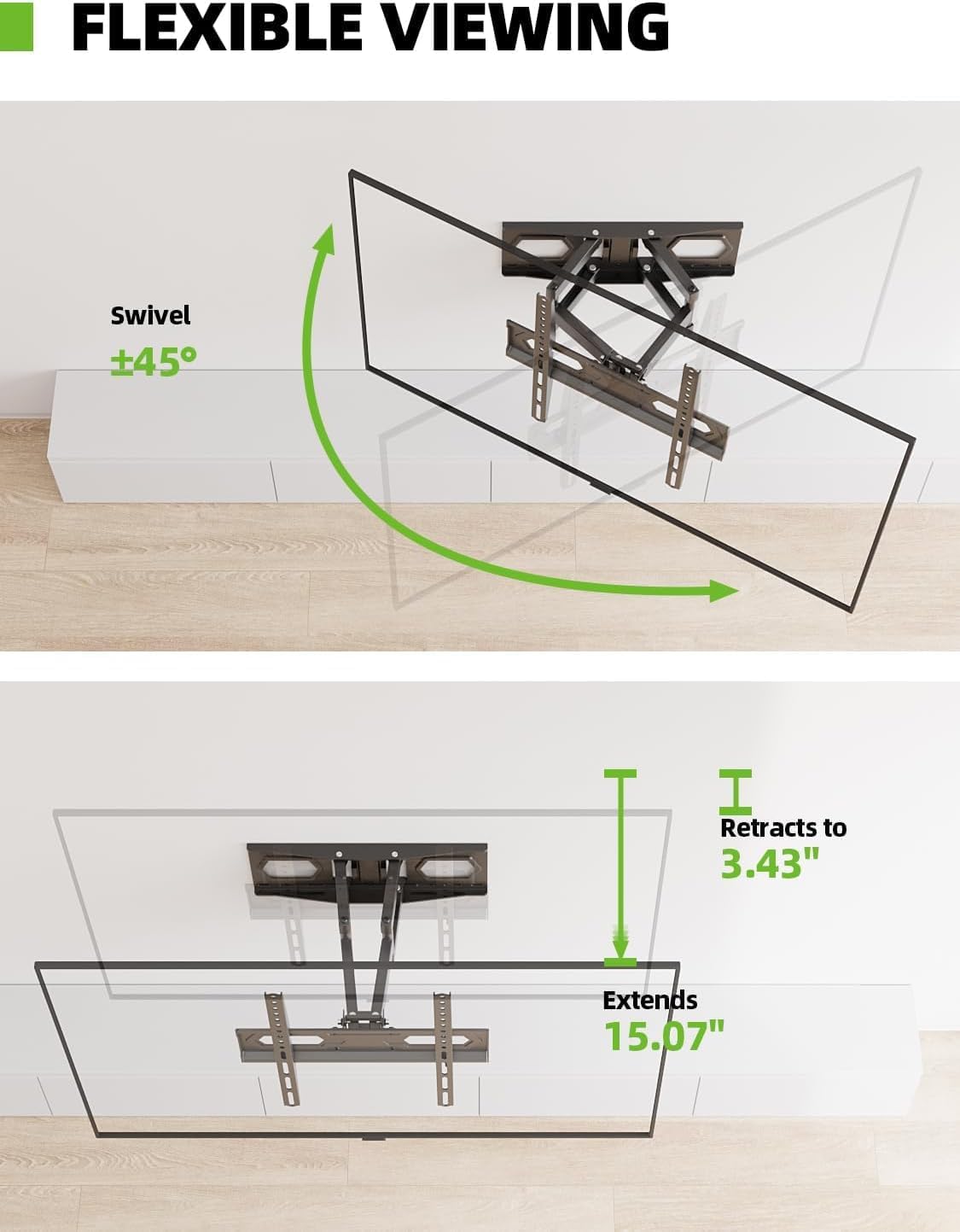 USX MOUNT TV Wall Mount for 32-65 inch Flat Screen/LED/4K up to 110lbs, Full Motion TV Mount Bracket with Swivel & Tilt Articulating Dual Arms, Max VESA 400x400mm, Fits 12/16" Wood Studs