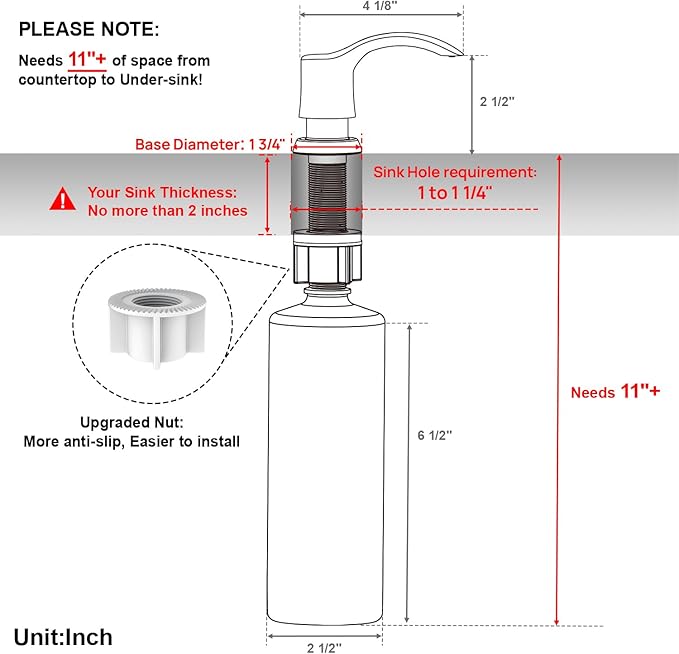GAGALIFE Kitchen Sink Soap Dispenser with Large Bottle (Brushed Nickel), Built in Sink Soap Dispenser Refill from Top G080BN