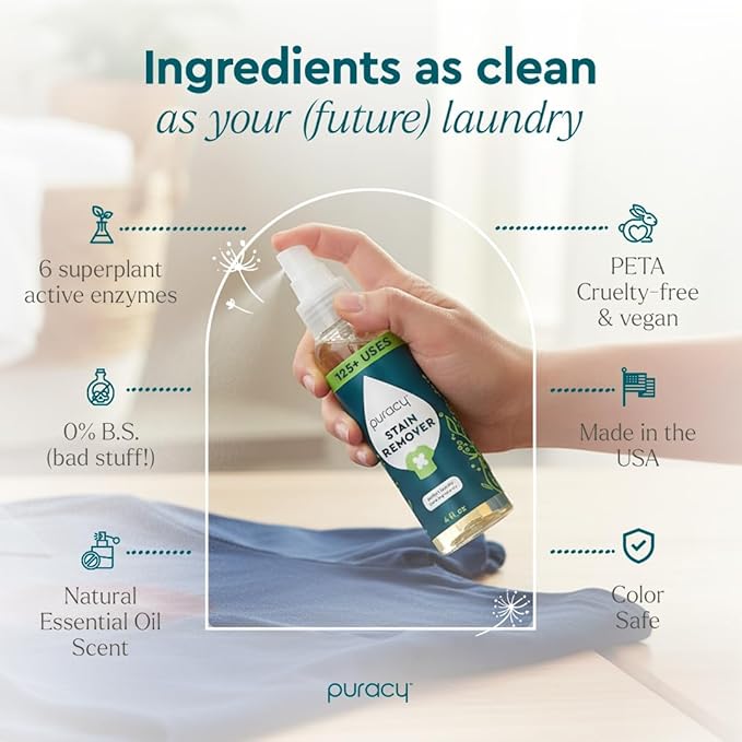Puracy Stain Remover, Natural Travel and Laundry Stain Cleaner for Clothes, Baby Essentials, Kids Stains, Oil and Fabric Spot Cleaner, Unscented (Stain Remover Spray, 4 fl oz, 2 Pack)