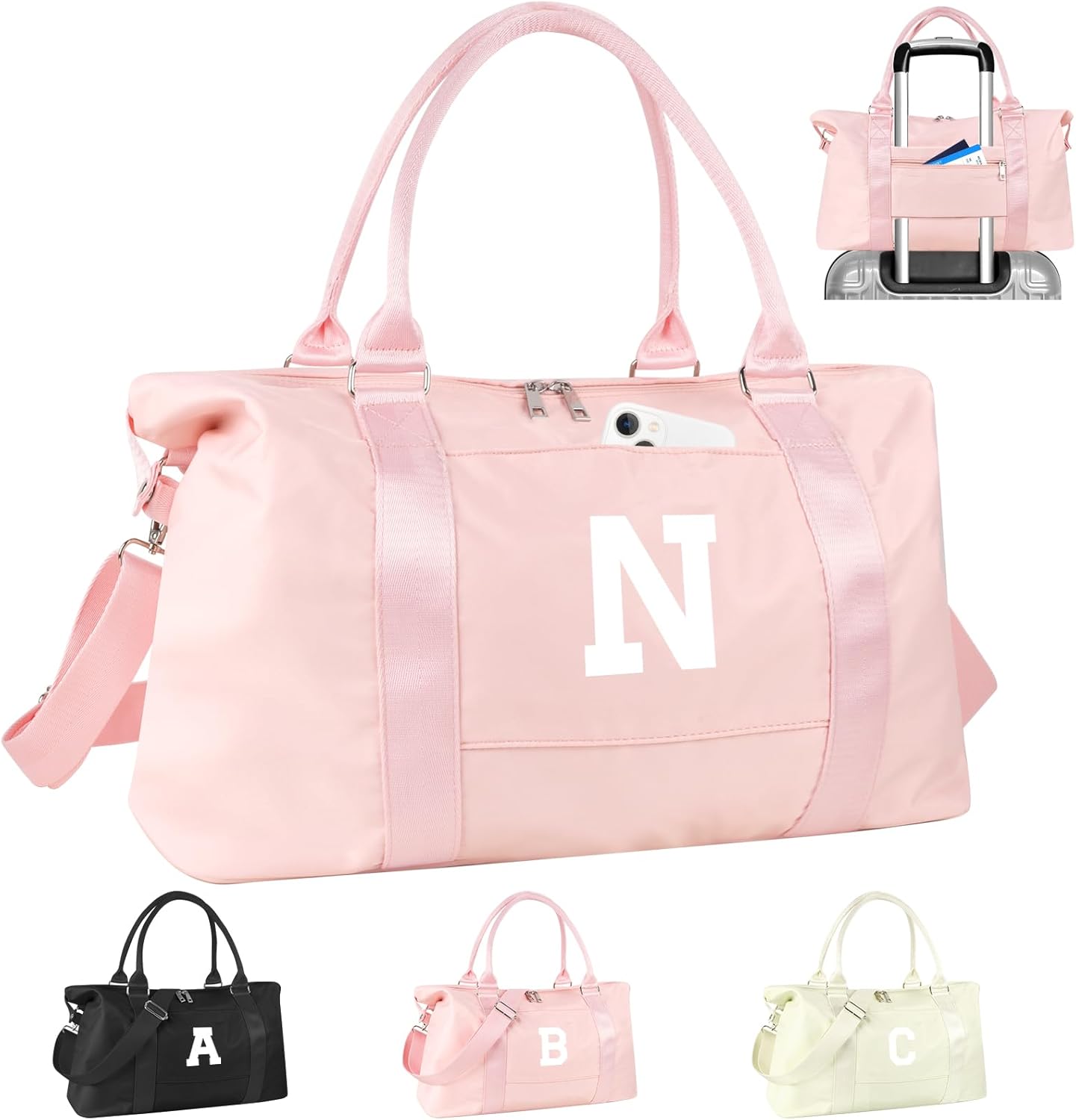 Initial Travel Duffel Bag Sports Gym Bag for Girls Teen Birthday Gifts,Pink Personalized Weekender Bag Carry On Tote Bags for Women Men,Waterproof Overnight Luggage Bag with Trolley Sleeve(Letter N)