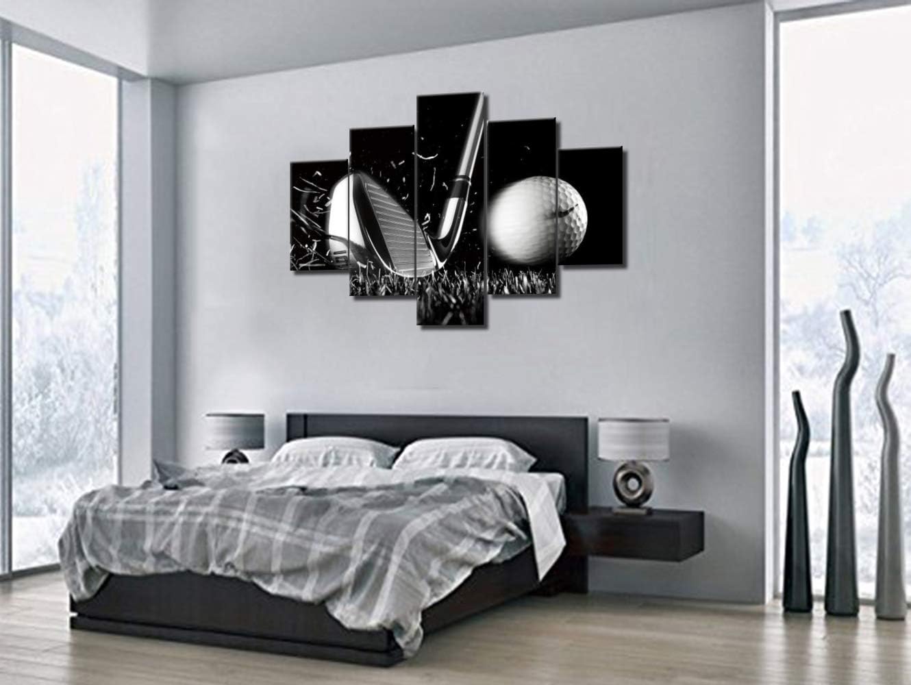 Black and White Paintings Golf Pictures 5 Panel Canvas Golf Ball Wall Art for Living Room Golfing Sport Artwork Contemporary Home Decor Giclee Framed Ready to Hang Posters and Prints(60''Wx40''H)