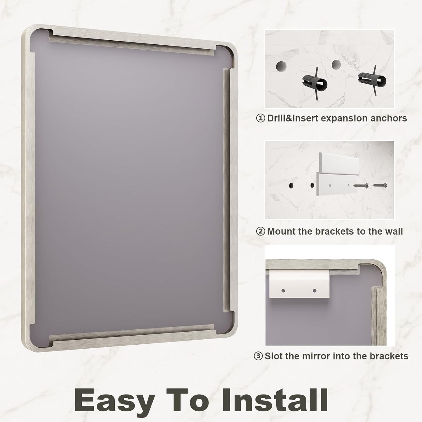 36x36 Inch Brushed Nickel Bathroom Mirror, Square Brushed Silver Metal Framed Wall Mirror, Rounded Corner Rectangle Modern Vanity Mirror, Tempered Glass, Anti-Rust, Shatterproof (Horizontal/Vertical)