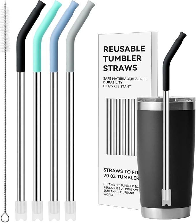 Stainless Steel Straws for 20 oz YETI Tumbler, 4 Pcs Metal Straws Reusable with Silicone Tip for 20 oz Stanley Cup and 16 oz Glass Cups(Color 1)