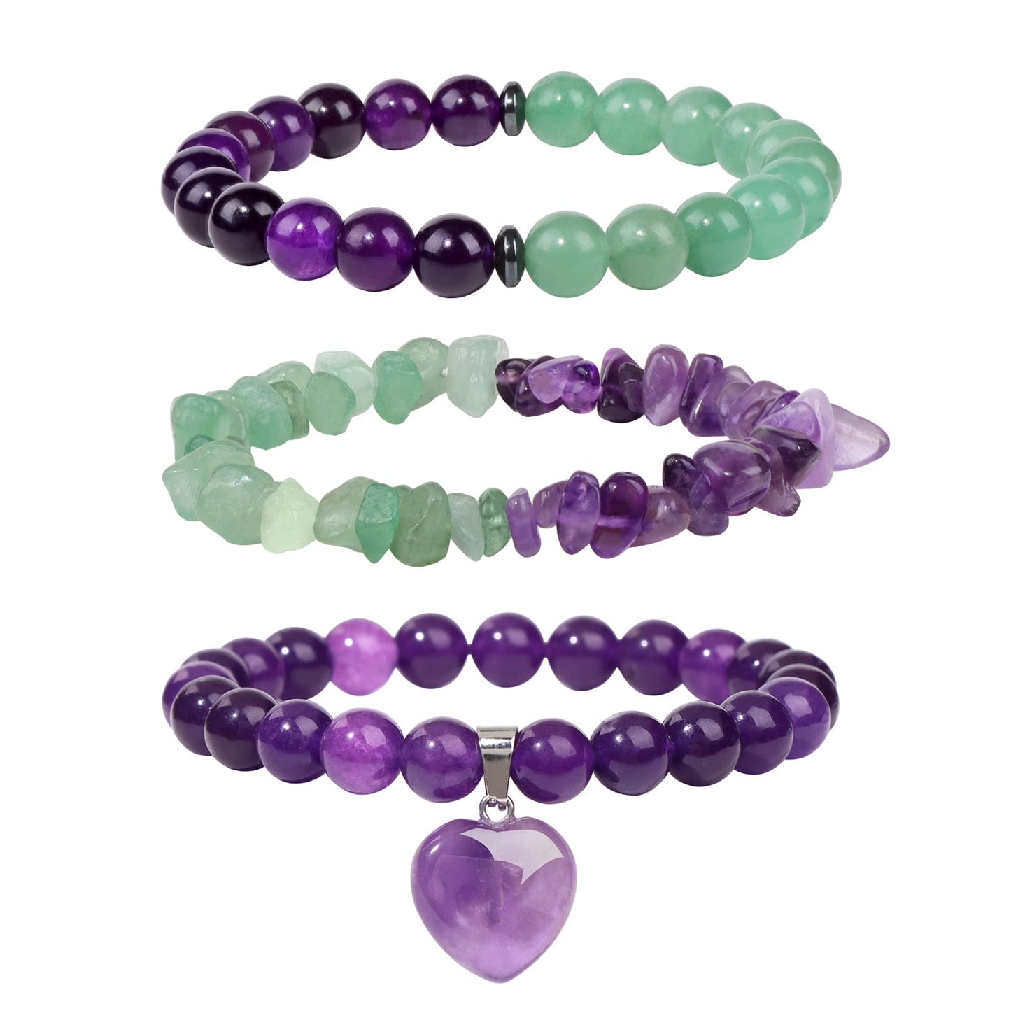 Vinswet Healing Crystal Beaded Bracelets for Women,Natural Amethyst Green Aventurine Gemstones Bracelet,Anxiety Stress Relief Heart Charm Bracelet Handmade purple Jewelry Gifts for Women (3pcs)