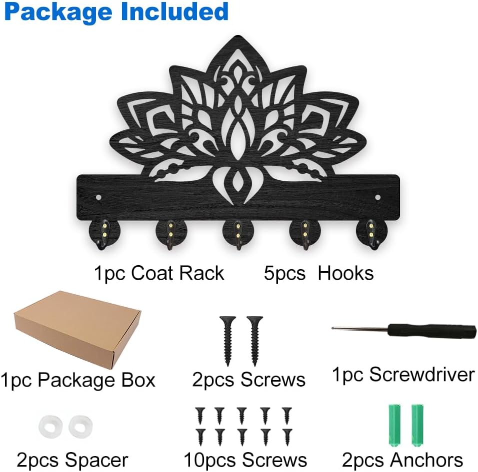 MAYJOYDIY Wood Lotus Flower Coat Hooks Hanger Mandala Lotus Key Holder for Wall 11.8×7.9inch Black Key Hooks Rack 5 Alloy Hooks Home Decor Gifts Entryway Kitchen Bathroom Storage Organizer