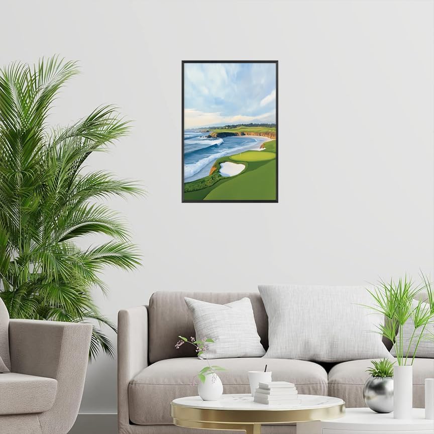 Coastal Golf Course Poster Summer Golf Landscape Wall Art Trendy Sporty Aesthetic Illustration Prints Painting For Living Room Bedroom Office Wall Decor 16x24in Framed