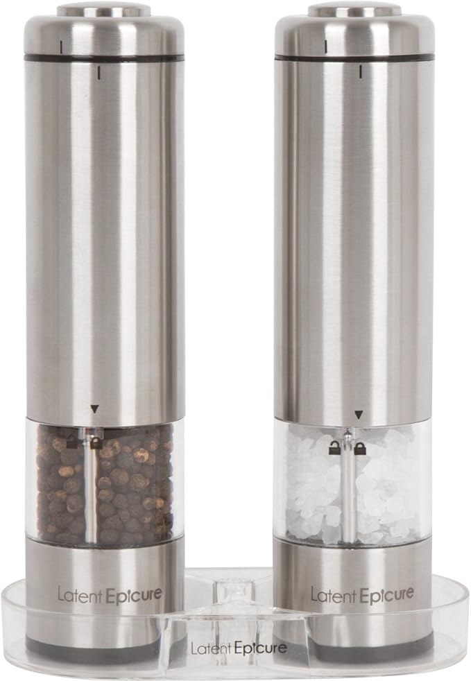 Electric Salt & Pepper Grinder Set – Battery Operated Stainless-Steel Mills & Shakers with Light, Adjustable Ceramic Grinders & Acrylic Rest Tray