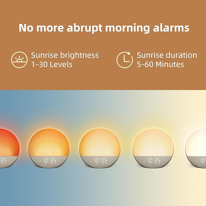 Sunrise Alarm Clock White Noise Machine: Natural Wake Up Light - Dimmable Clock with Bluetooth Speaker for Bedroom - 25 Sleep Sounds for Baby Adults Kids Cocoa