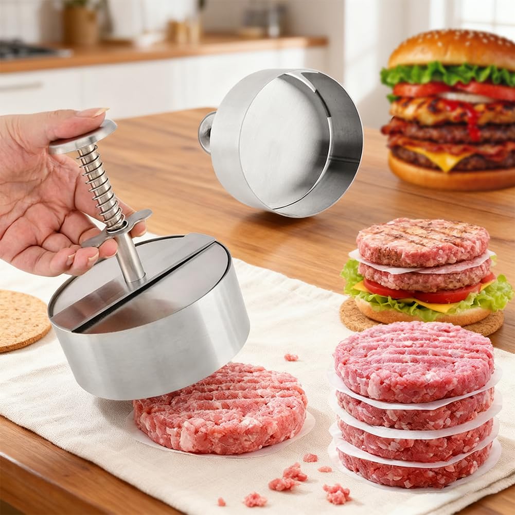 Quivorant 4.5" Burger Maker Press with 50 Patty Papers, 304 Stainless Steel Adjustable Non-Stick Hamburger Patty Maker, for Kitchen BBQ & Sandwich, Beef, Vegetables, Meat, Party Grill, Easy Release