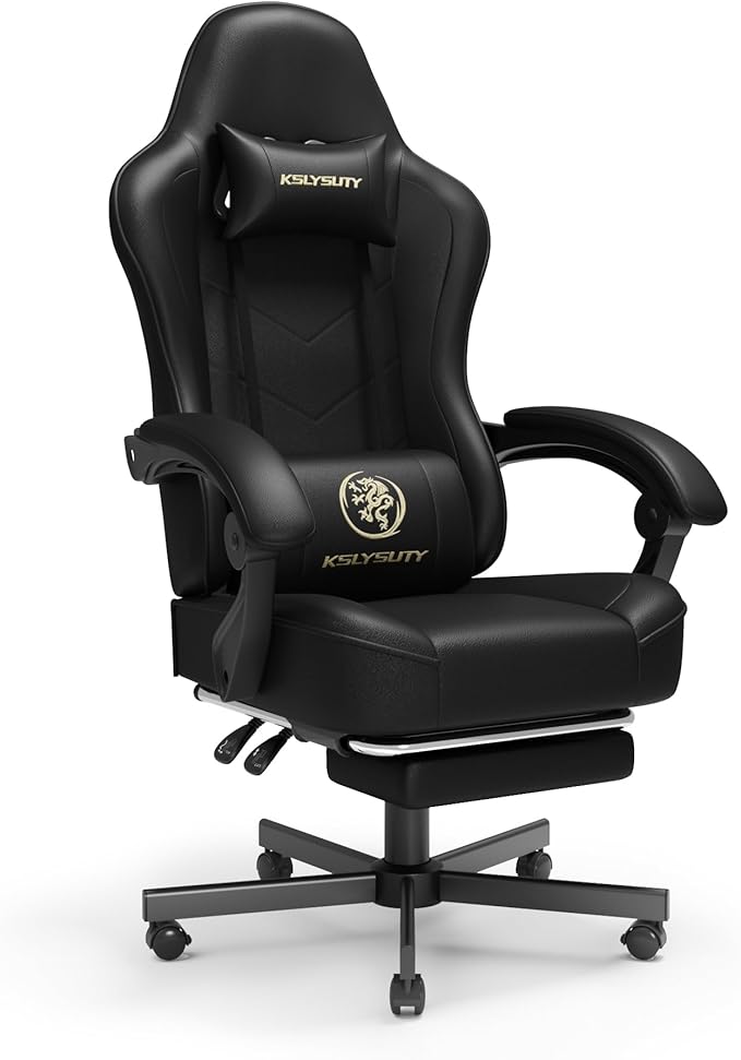 Gaming Chair for Adults with Footrest and Lumbar Support, Height Adjustable Game Chair with 360°-Swivel Seat and Headrest and for Office or Gaming (Black)