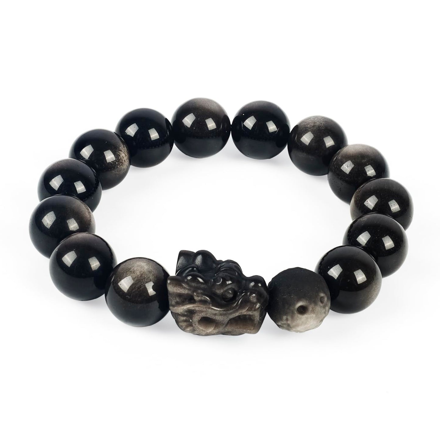 Natural Obsidian Bracelet For Men 10MM | Adjustable Stone Beaded Bracelet | Handmade Obsidian Stretch Elastic Bracelet for Men Women Gifts | with Dragon-Head Sculpture | Black and Silver 7.5"