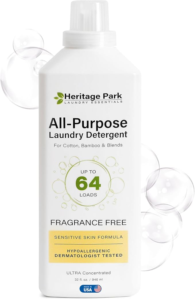 Heritage Park Luxury Laundry Detergent | Dermatologist Tested Plant based Natural & Enzyme Laundry Detergent | Sensitive Skin Friendly - Fragrance Free (32 fl oz)