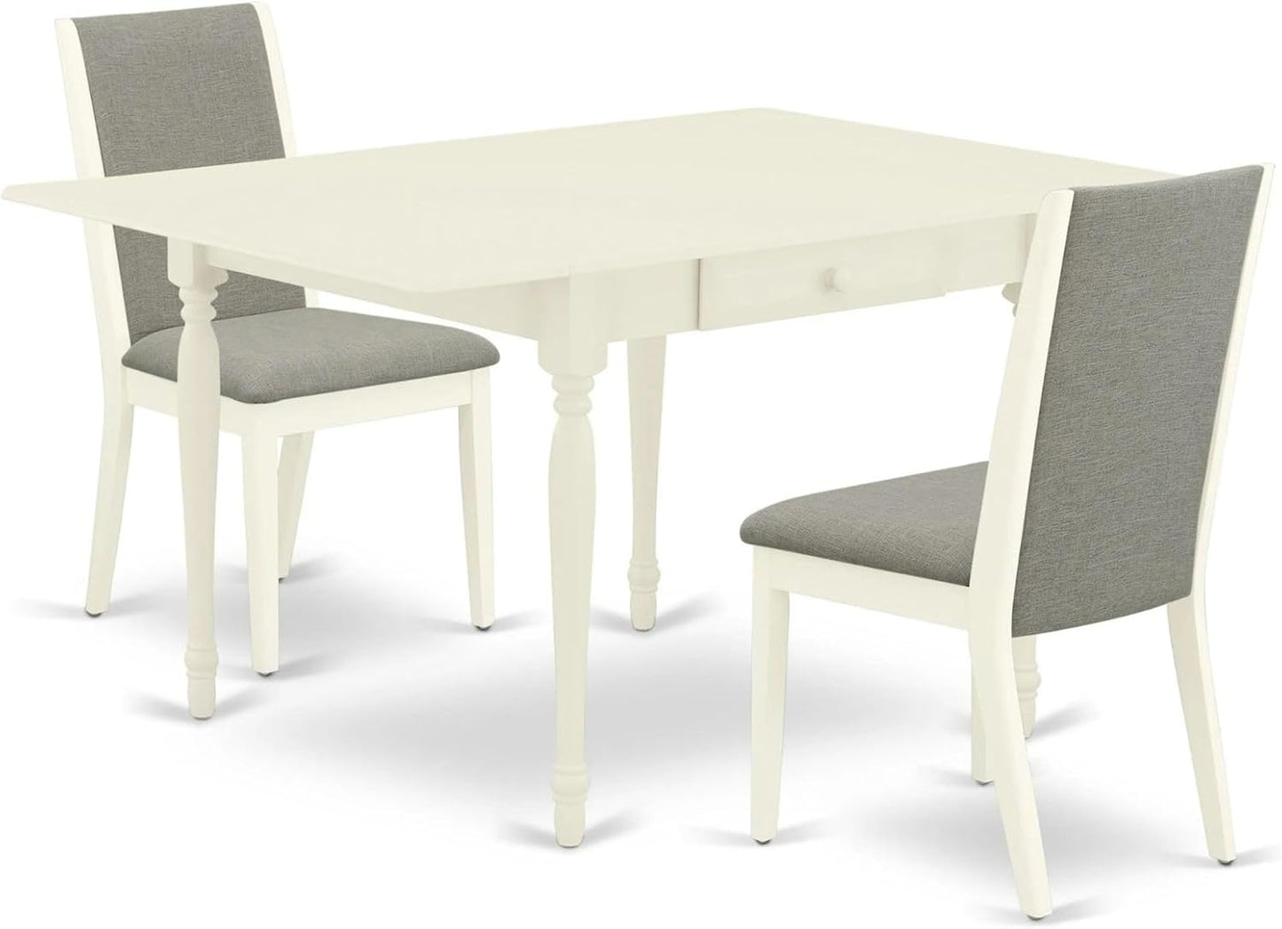East West Furniture MZLA3-LWH-06 3 Piece Kitchen Table & Chairs Set Contains a Rectangle Dining Table with Dropleaf and 2 Shitake Linen Fabric Upholstered Chairs, 36x54 Inch, Linen White