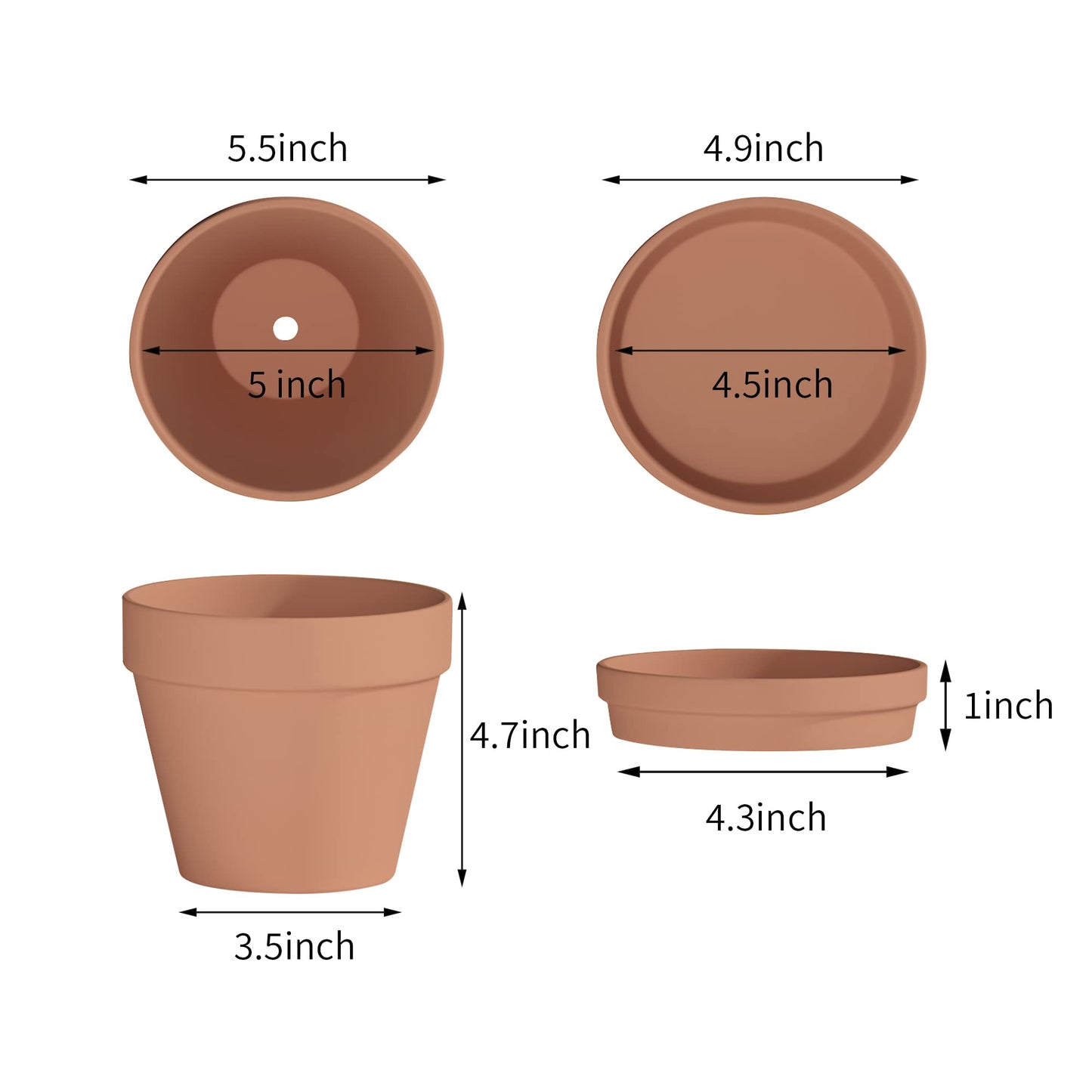 Fcacti 5.5 Inch Clay Pot for Plant with Saucer - 6 Pack Large Terra Cotta Plant Pot with Drainage Hole, Flower Pot with Tray, Terracotta Pot for Indoor Outdoor Plant