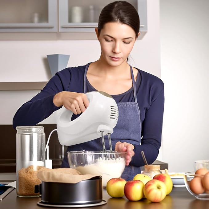 5-Speed Electric Hand Mixer with Whisk, Traditional Beaters, 120 Watts,Portable & Lightweight, Blending or Cooking White