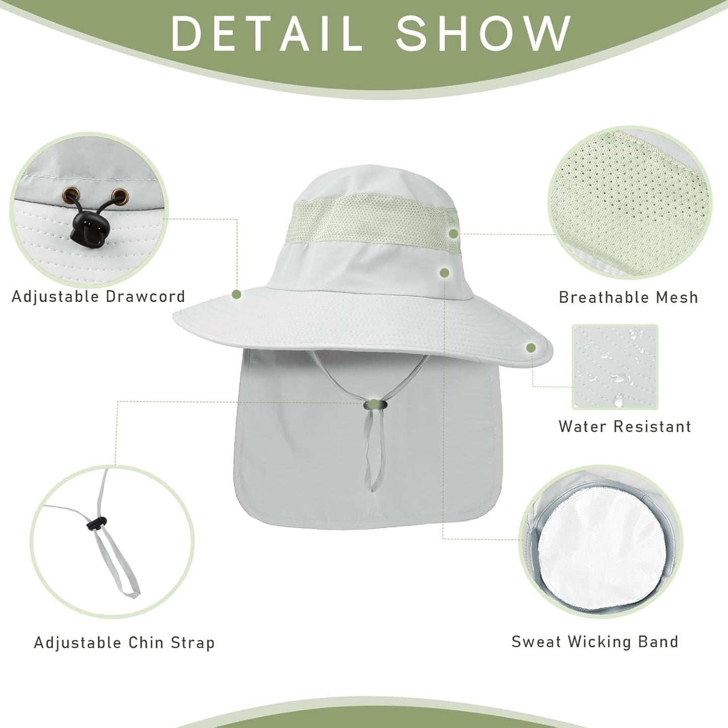 Fishing Hat Breathable Wide Brim Sun Hats with Neck Flap Bucket Hat Outdoor Safari Hat for Men Women UPF 50+ Sun Protection