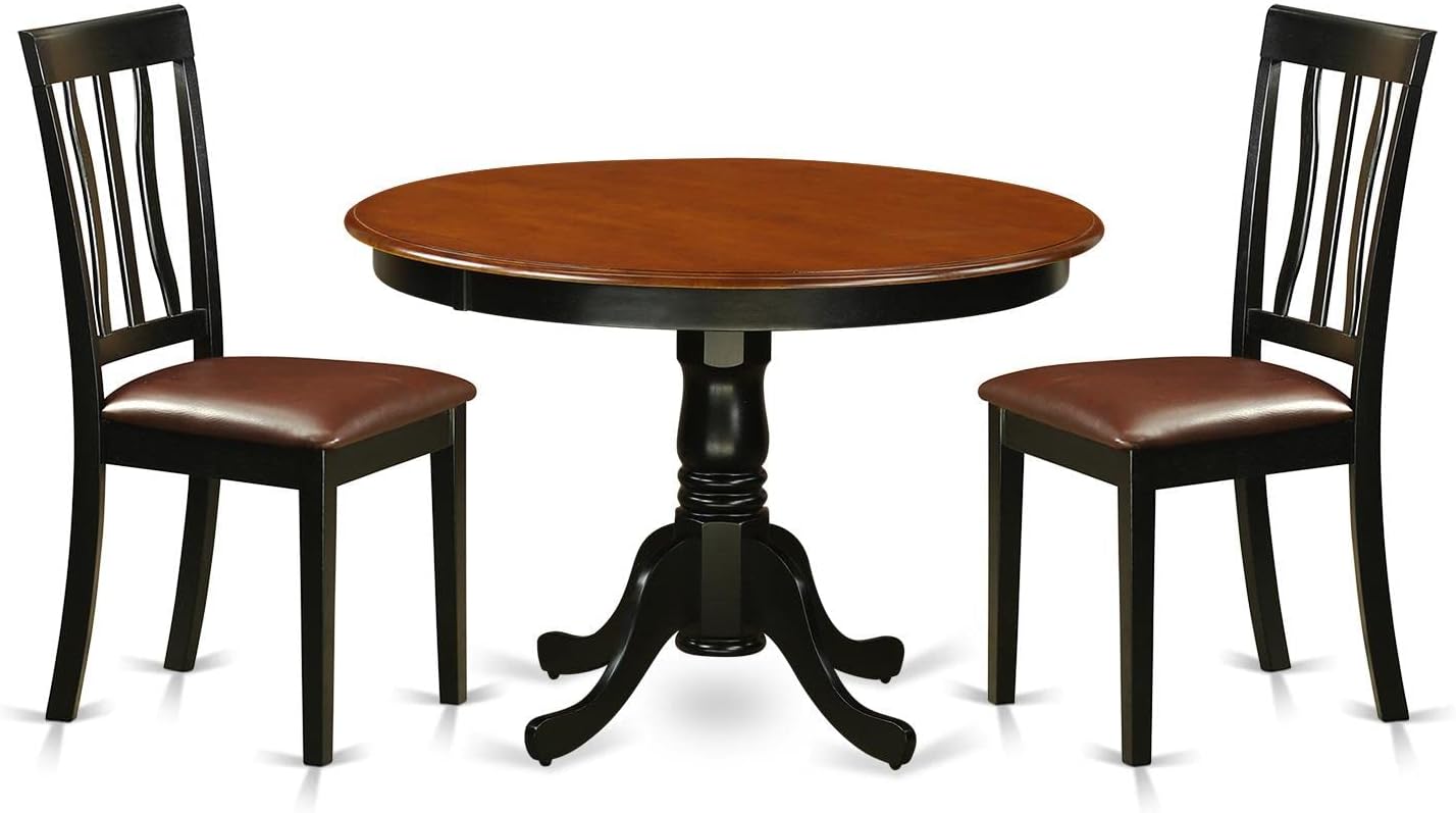 East West Furniture HLAN3-BCH-LC 3 Piece Dining Room Table Set Contains a Round Kitchen Table with Pedestal and 2 Faux Leather Upholstered Dining Chairs, 42x42 Inch, Black & Cherry