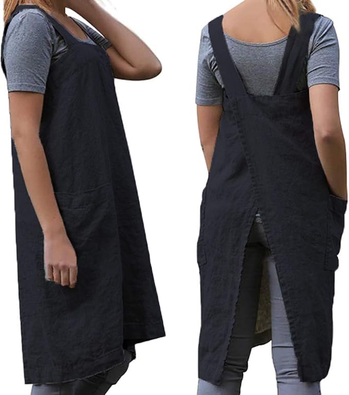 WROLEM Women's Practical Cross Back Pinafore Apron with Large Pockets Home Kitchen,Restaurant,Coffee House,Cooking,Gardening