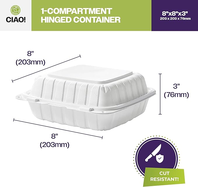 CIAO! 8"x8"X3" MFPP White Hinged Container With Lid 1 Compartment (Case of 200)
