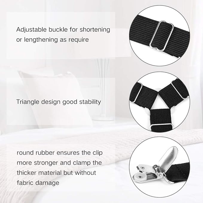 Foloda Sheet Holders, 4 pcs Adjustable Bed Sheet Straps, Fitted Sheet Holder Clips Fasteners Suspenders Gripper Locker Scrunchie for Bed Mattress Corners, Keep Sheet Firm Tight