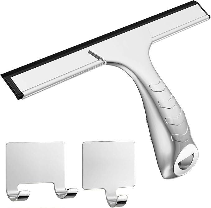 Stainless Steel Shower Squeegee for Glass Doors with 2 Adhesive Hooks, All-Purpose Squeegee for Bathroom Cleaner Tool Household Window Mirror Squeegee, Cleaning Tile Wall, Car, 12 Inch Silver