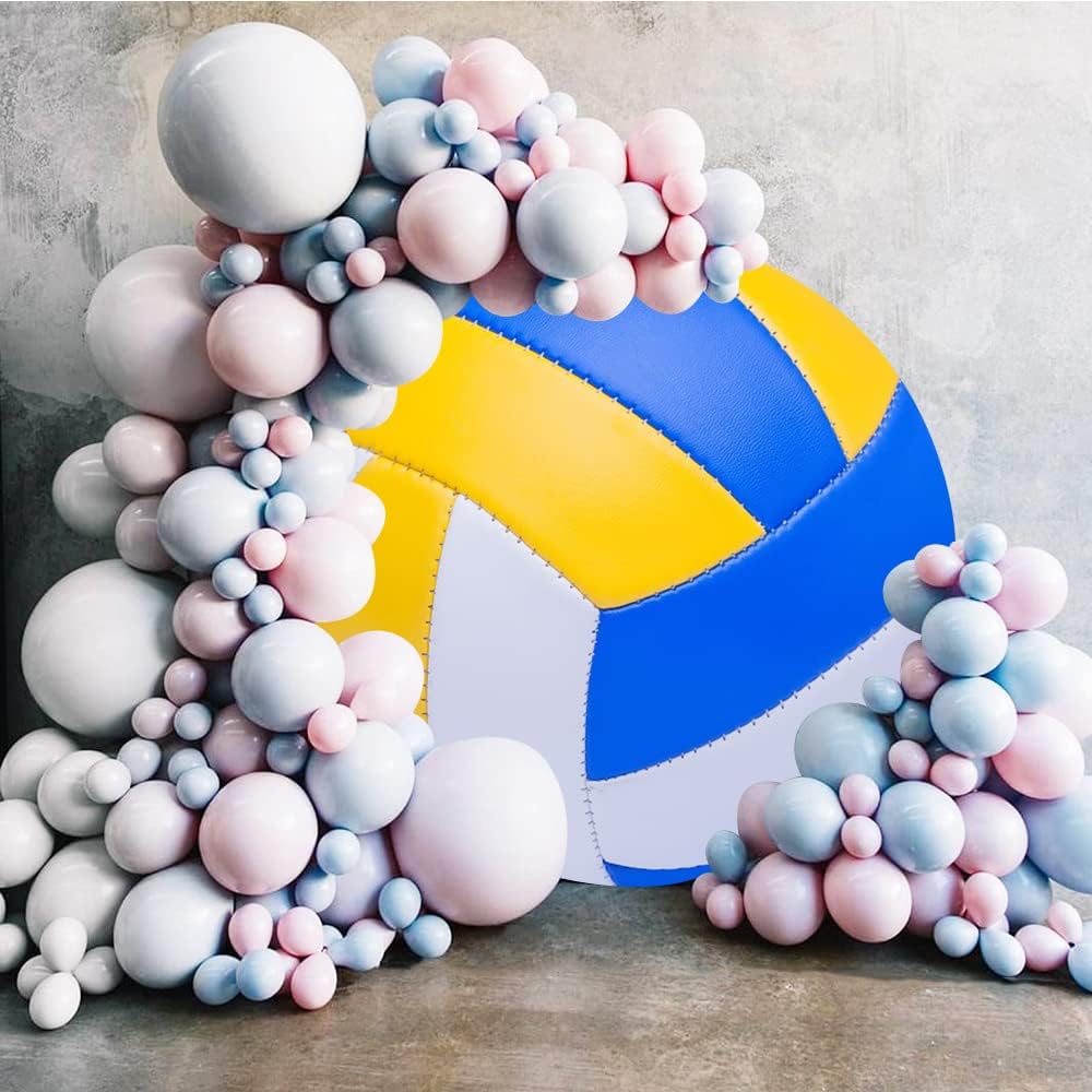 Leyiyi 5.5x5.5ft Abstract White Yellow Blue Colorful Volleyball Round Backdrop Cover Polyester Outdoor Sports Themed Photography Background Volleyball Party Photo Backdrop Birthday Party Deecorations