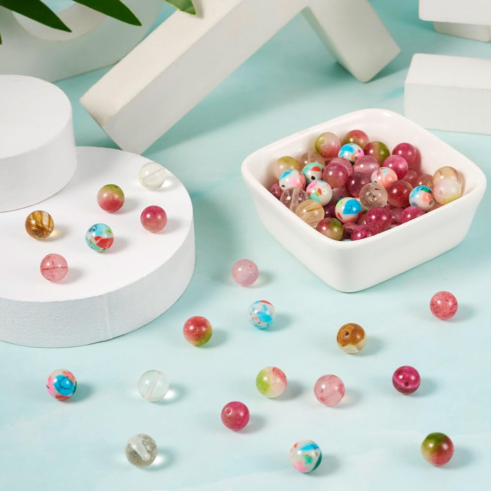 FASHEWELRY 100pcs 8mm Mixed Stone Beads Round Stone Jewelry Making Kit with Elastic String Healing Crystals for DIY Bracelet Necklace Earrings