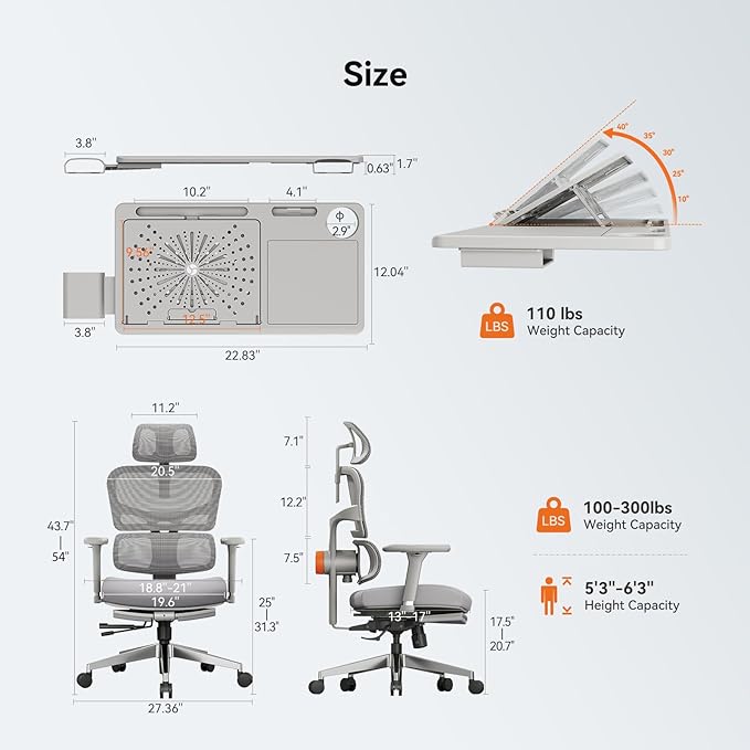 Newtral Office Chair Ergonomic - Home Office Desk Chair, Back Pain Chair with Auto-Following Lumbar Support, 4D Armrest, Seat Depth and Height Adjustable (Foot Rest + Laptop Tray, Gray)