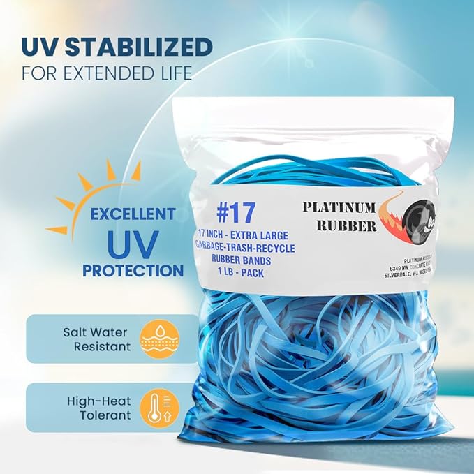 Garbage Trash Can Rubber Bands Blue Large Size 17" Inch Rubberbands Kitchen Compactor Tote Bin 55-65 Gallon, 95, 96-100 Gal Toter Oversize Big bag liner holder, 55 Drums Litter Pails Buckets (25-Pack)