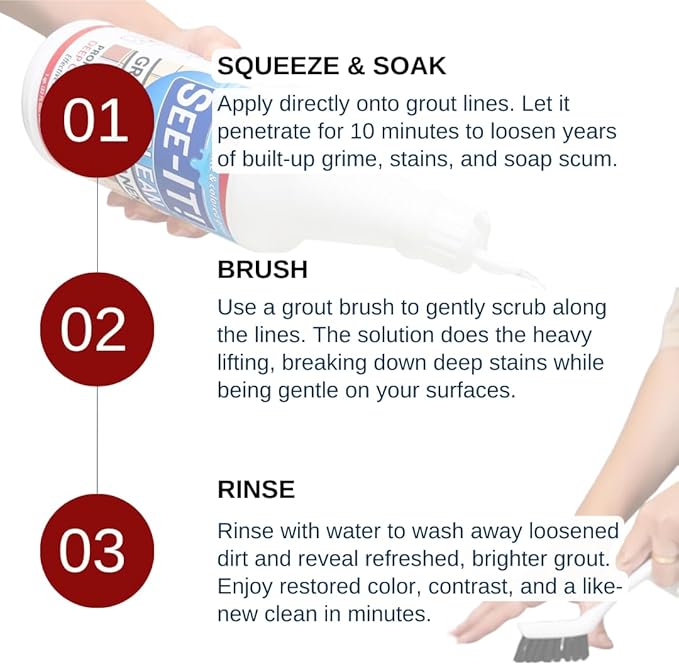 Grout & Tile Deep Cleaner Brightener & Heavy-Duty Stain Remover Acid-Free Safe for Ceramic, Porcelain, Marble, Stone - 32 fl. oz. with Hand Cleaning Brush