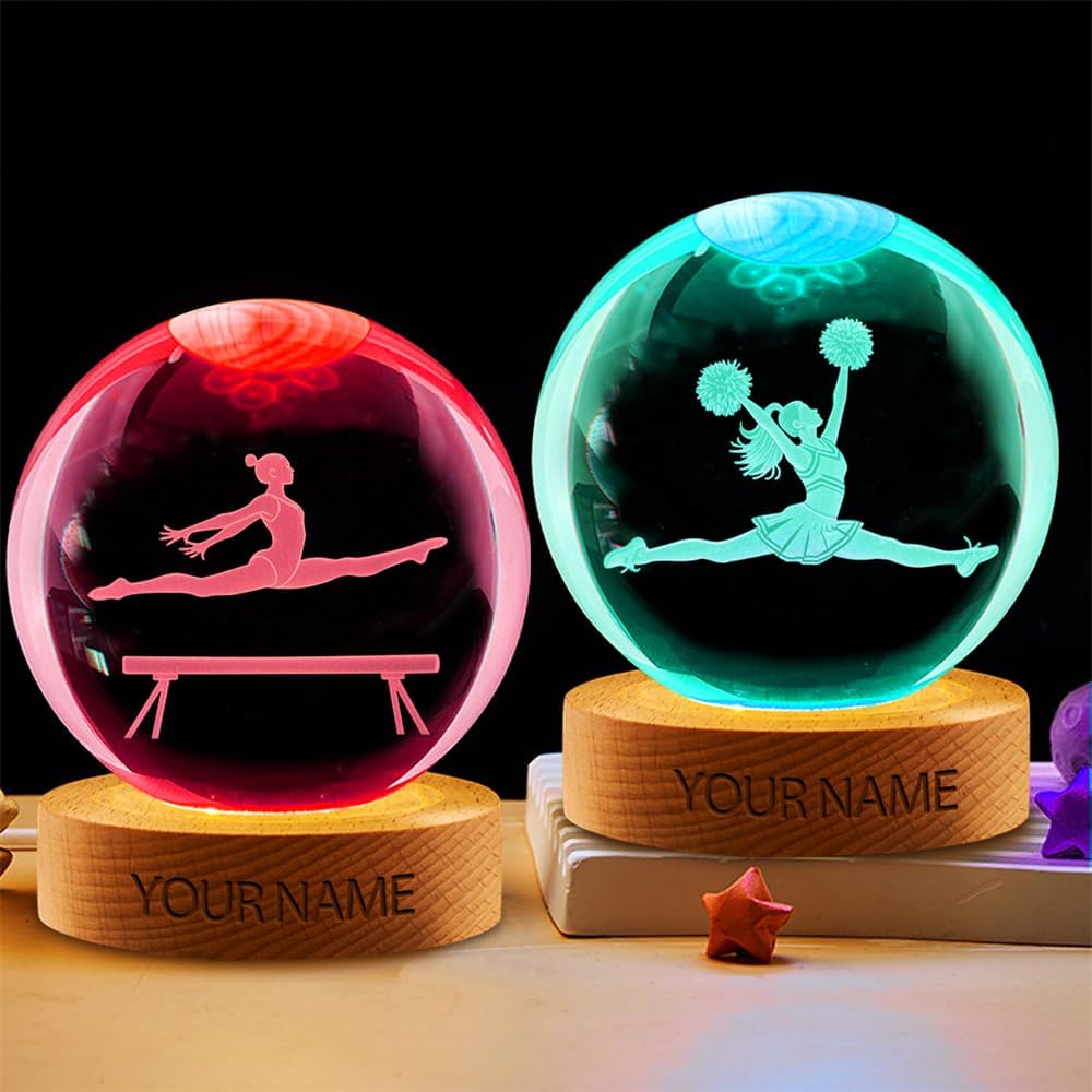 Personalized Gymnastics Crystal Night Light Gift for Women, Custom Name/Number Gymnastics Player 3D Crystal Ball Night Light Lamp for Bedroom Room Sports Decor Party Bar Christmas Birthday Gift
