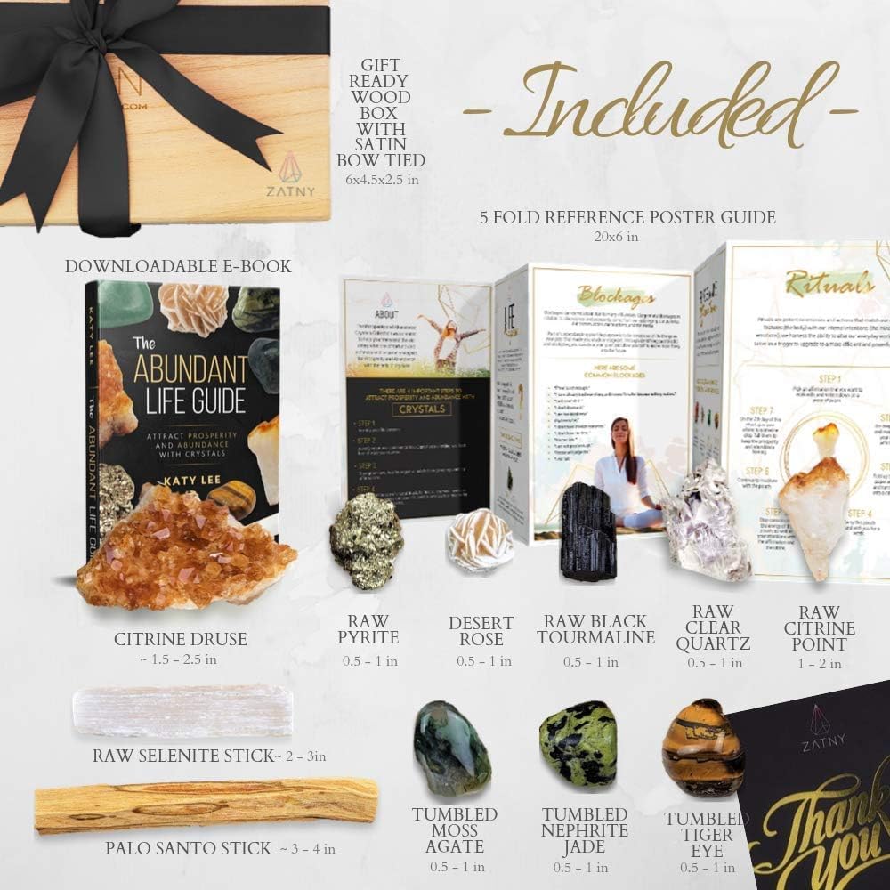 Crystals and Healing Stones Premium Kit Wooden Box - Chakra Stones Healing Crystals Set, Rose Quartz, Amethyst Cluster, Quartz Points, Chakra Pendulum (Abundance and Prosperity Crystal Collection)