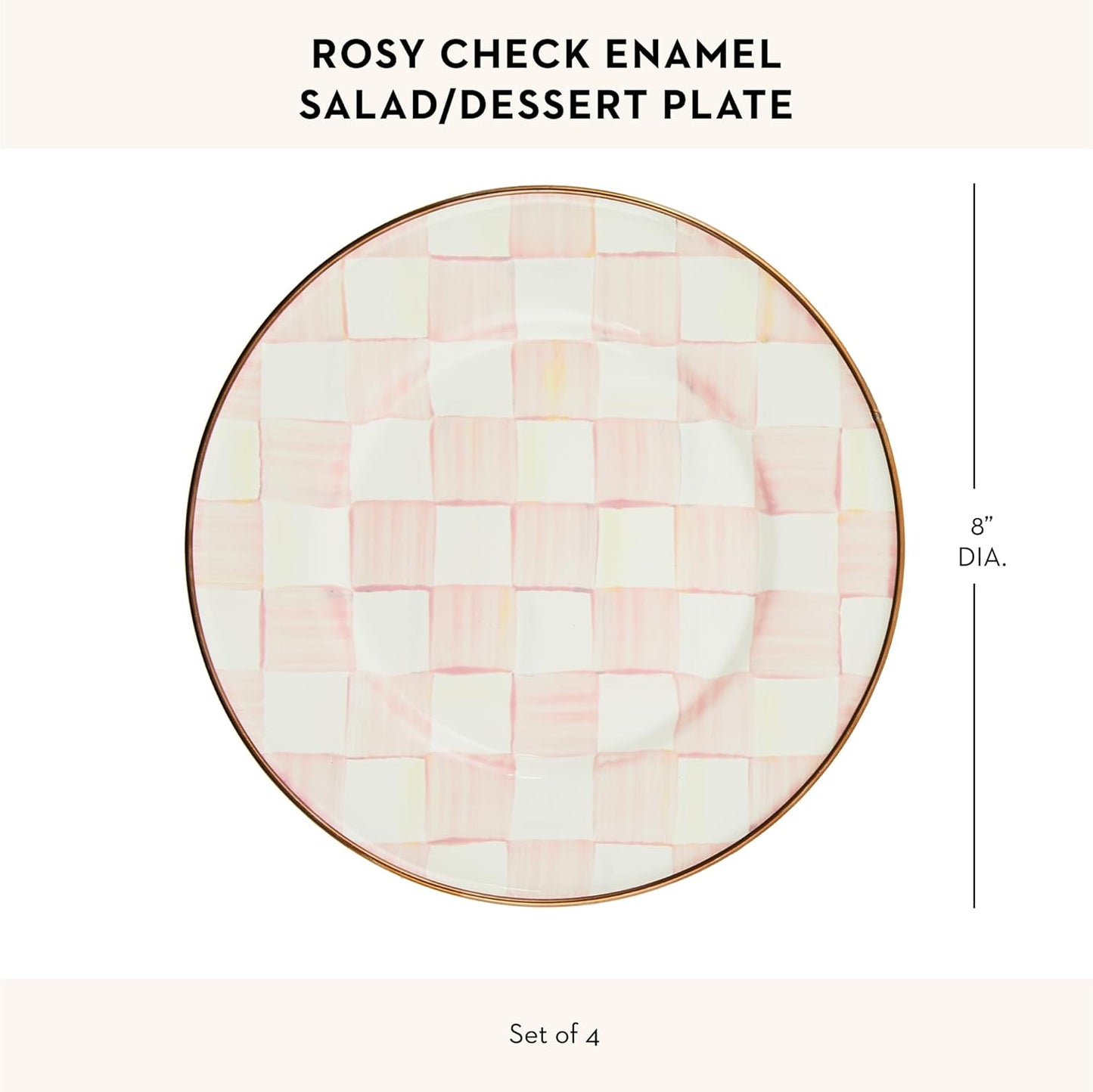 MACKENZIE-CHILDS Enamel Salad and Dessert Plate, Small Plate for Appetizers or Desserts, 8 Inches, Set of 4, Pink-and-White Rosy Check