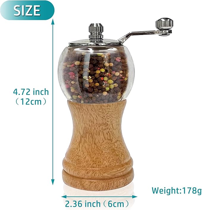 Salt and Pepper Grinder Set Manual Pepper Mill Set Classical Hand Shake Wooden Salt Mill Acrylic Ceramic Blades Upgrade Metal Handle, Enjoy Fresh Ground Pepper Salt Various Spices (2pcs-5in)