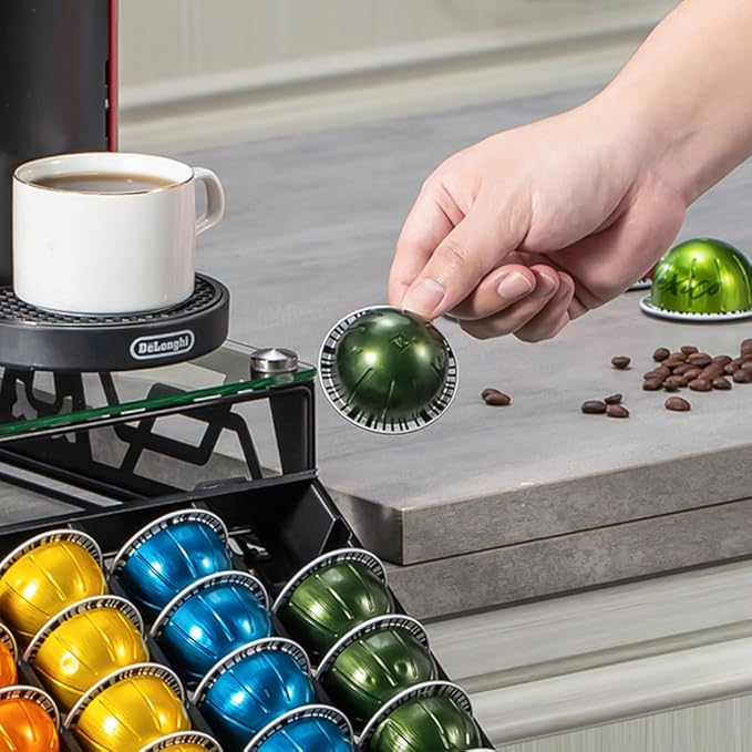 FlagShip Vertuo Pod Holder- Modern Glass Top Coffee Capsule Organizer & Space-Saving Pod Storage for Coffee Machines, Generous 40 Vertuo Pods Capacity