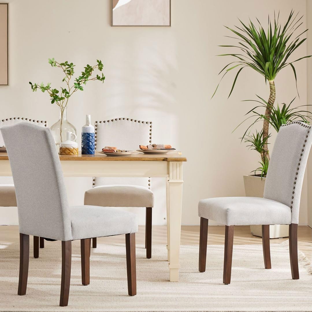 Kitchen Chairs Set of 4 Modern Upholstered Fabric Seat with Nailhead Trim and Ergonomic Lumbar Support for Living Room and Rustic Farmhouse Dining Area, Grey