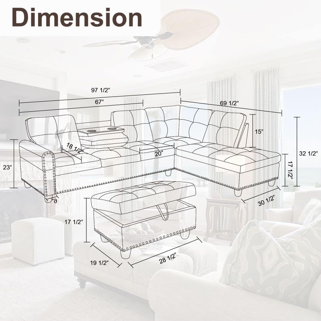L Shaped Sectional Couches, Modular Sectional Sofa with Ottoman Storage, Nail-Head Design Lounge Sofa with Reversible Cup Holder for Living Room, Bedroom, Purple
