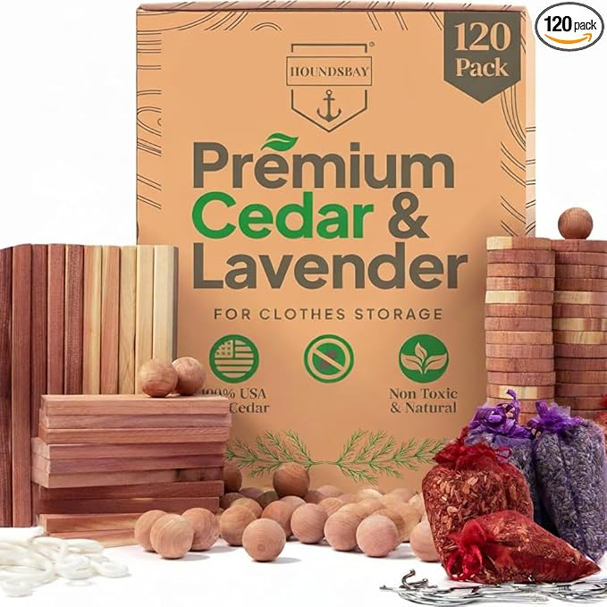 120 Variety Pack - Lavender and Cedar for Closets - Moth Balls Alternative for Clothes Storage - Closet Protection Scent Bags - Natural Freshner Hanger Rings - Scented Air Freshener for Closets