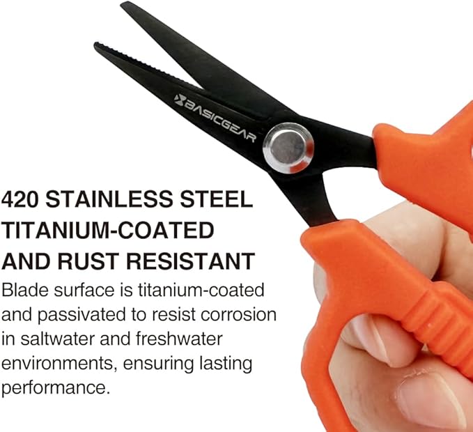 BasicGear Fishing Multi-Tool Scissors – Titanium-Coated, Stainless Steel, Multi-Tool Cutter with Hook Adjuster, Screwdriver, Bottle Opener, Sheath & Non-Slip Grip for Saltwater or Freshwater Use